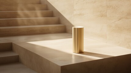Gold cylinder on beige platform with stairs and sunlight.