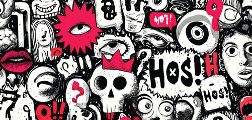 Seamless Y2K Punk Doodle Pattern with Neon Pink Lips, Green Crosses, Barcodes, and Lightning Bolts on White Background- Adobe Illustrator Artwork