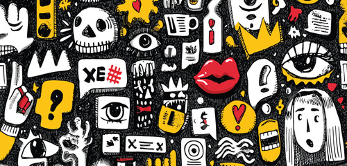 Seamless Y2K Punk Doodle Pattern with Neon Pink Lips, Green Crosses, Barcodes, and Lightning Bolts on White Background- Adobe Illustrator Artwork