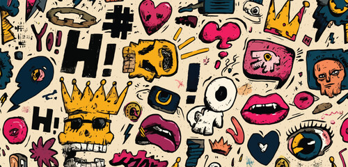 Pop punk doodle mash-up pattern — edgy symbols like skulls, tags, mail icons, lips, and eyes, marker sketch effect, neon pink and green colors, vector repeat Adobe Illustrator Artwork