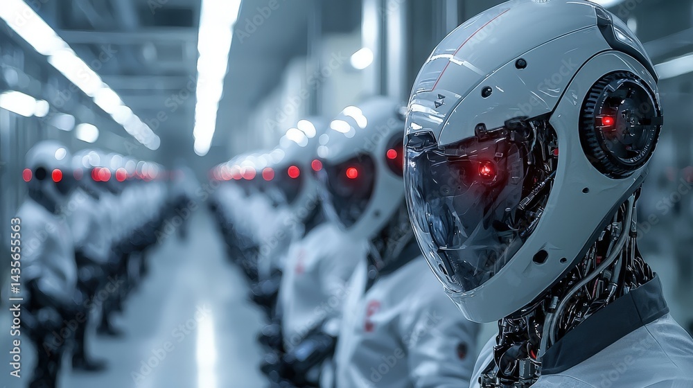 Poster Automation revolution robots in manufacturing factory digital art futuristic environment side view innovation