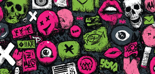 Pop punk doodle mash-up pattern — edgy symbols like skulls, tags, mail icons, lips, and eyes, marker sketch effect, neon pink and green colors, vector repeat Adobe Illustrator Artwork
