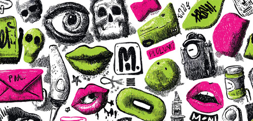 Pop punk doodle mash-up pattern — edgy symbols like skulls, tags, mail icons, lips, and eyes, marker sketch effect, neon pink and green colors, vector repeat Adobe Illustrator Artwork