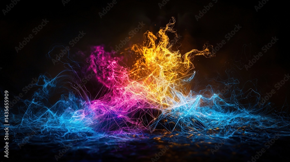 Poster Dynamic interconnected nations represented through colorful energy abstract art digital environment artistic view