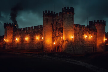 Fototapeta premium Castle, illuminated at night against dark sky.