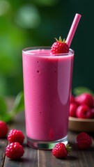 A refreshing pink berry smoothie with fresh raspberries and blueberries, garnished with a striped straw, sits enticingly on a wooden table