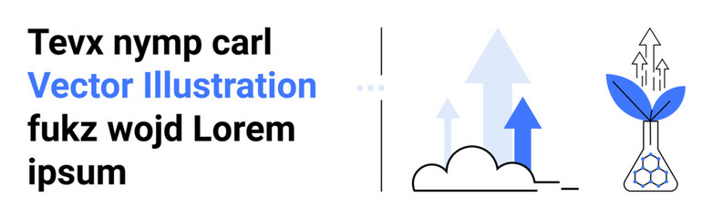 Blue arrows rising above clouds and a plant sprouting in a flask signify growth, progress, and innovation. Ideal for technology, startup, sustainability, science, growth, innovation simple landing