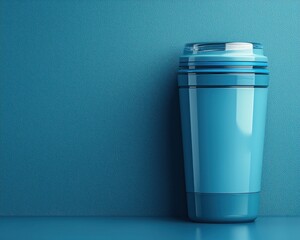 Blue reusable coffee cup on a solid blue background, ideal for eco-friendly themes