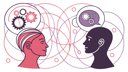 Two heads with gears and abstract thinking