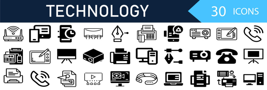 Flat Information Tech Icons – Thin Line Design. isolated on transparent background. Black and white icon collection