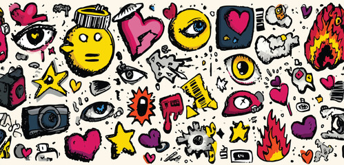 Hand-drawn Y2K doodle symbols with neon green, pink, and black, each element separated on a white background, includes skulls, lips, lightning bolts, and crowns, rough marker Adobe Illustrator Artwork