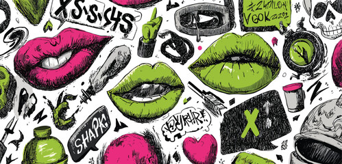 Hand-drawn Y2K doodle symbols with neon green, pink, and black, each element separated on a white background, includes skulls, lips, lightning bolts, and crowns, rough marker Adobe Illustrator Artwork