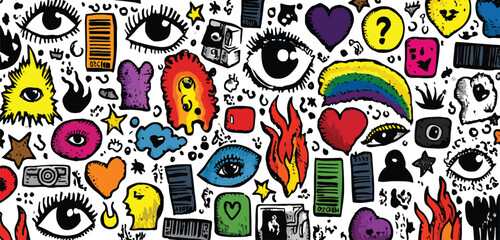 Hand-drawn Y2K doodle symbols with neon green, pink, and black, each element separated on a white background, includes skulls, lips, lightning bolts, and crowns, rough marker Adobe Illustrator Artwork