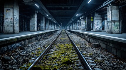 Train tracks at abandoned subway station urban exploration photography dimly lit environment perspective focus on rails