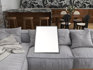 frame mockup on grey couch, white blank poster and kitchen with marble countertop, black frame art display, 3d render