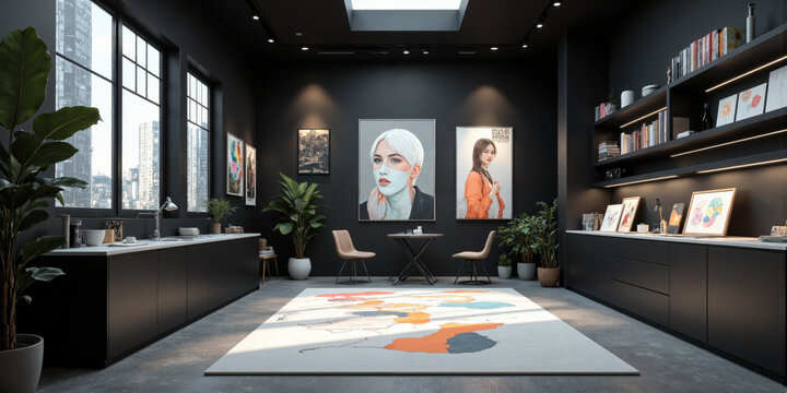 AI-powered art studio in charcoal black, with interactive canvases that change based on the artist's preferences and smart lighting that