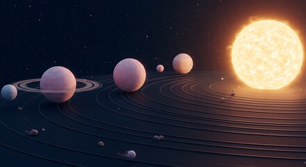 Celestial bodies in orbit around a luminous star.