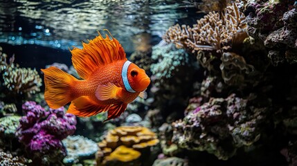 Vibrant clownfish swimming through coral reef underwater scene nature photography marine environment close-up view