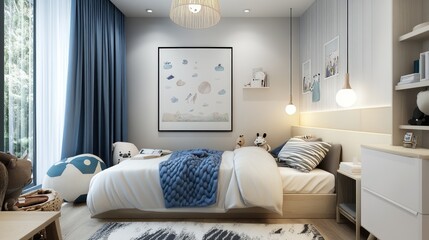 Modern boy's bedroom with blue accents, featuring a comfortable bed, stylish decor, and natural light.