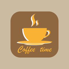 Yellow coffee mug. Steaming cup icon. Hot drink vector. Coffee time script.