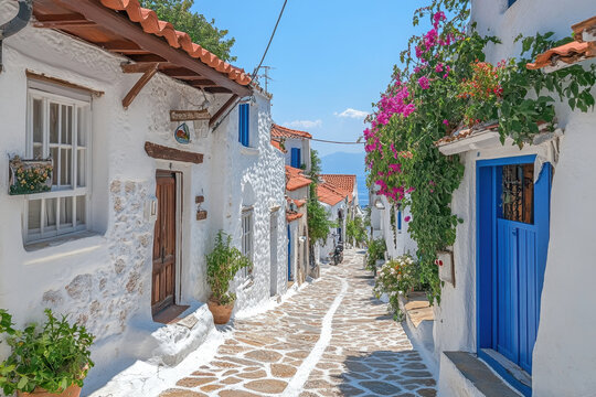 Fototapeta Narrow street lined with white-washed buildings in Mykonos village. Blue doors, potted plants, and cobblestone road create a charming Greek atmosphere.