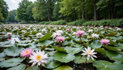 Tranquil pink water lilies in bloom, a serene pond landscape 