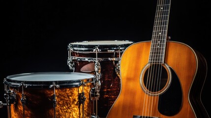 Fototapeta premium Acoustic guitar and drums set against a black background.