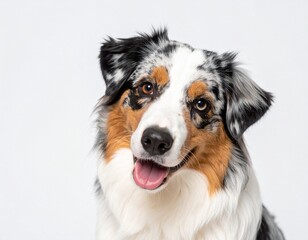 Fototapeta premium A cheerful, close-up portrait of an Australian Shepherd dog with striking fur patterns and an expressive face.
