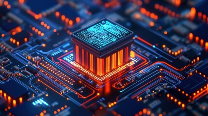Obraz premium Futuristic CPU glowing on a circuit board.