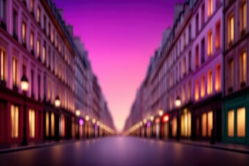Obraz premium Wide city street view in nighttime under vivid purple lighting showing architectural symmetry and vibrant urban mood for street architecture and modern cityscape stock concept