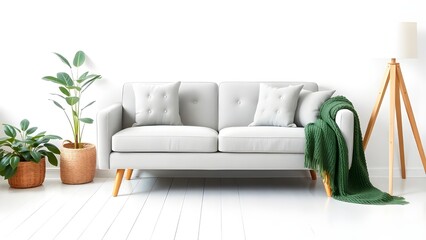 Fototapeta premium Living room interior with gray velvet sofa, pillows, green plaid, lamp and fiddle leaf tree in wicker basket on white wall background. 3D rendering.