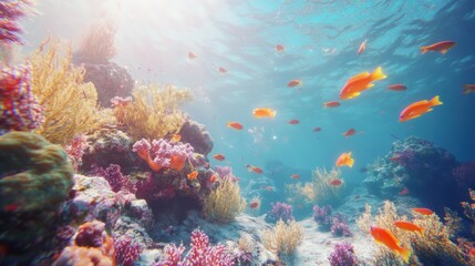 Naklejka premium Vibrant coral reef teeming with colorful fish, sunlit ocean scene.