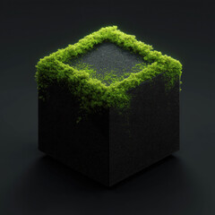 Elegant 3D Black Cube with Green Moss Growing Over Edges Minimal Eco Luxury