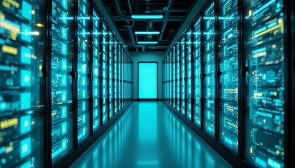 Long server room hallway with rows of network equipment and servers, a look into modern data center infrastructure