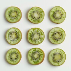 Fototapeta premium Fresh kiwi slices arranged in a symmetrical pattern.
