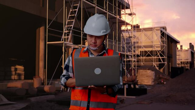 Asian Male Engineer With Safety Helmet Working On A Laptop And Looking Around While Standing At Building & Construction Site in Progress to New House
