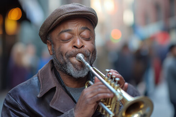 Obraz premium A man playing a trumpet on the street, creating melodious tunes amidst a bustling crowd.