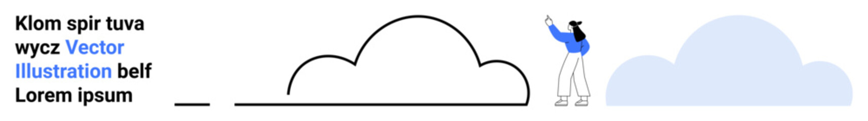 Single character in blue gazing at stylized clouds and abstract text, emphasizing creativity, exploration, and simplicity. Ideal for design, inspiration, creativity, minimalism, education