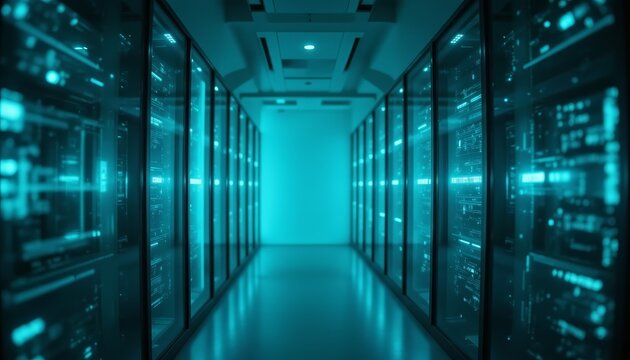 Modern data center, exploring the hallway of powerful network server infrastructure