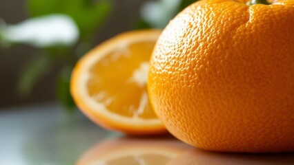 Realistic close-up of a fresh, plump orange with a textured peel, placed on a reflective surface. Soft natural light highlights its vibrant color, with sharp focus and no blur to capture every detail