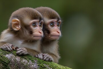 Fototapeta premium Two Baby Japanese Macaques on a Branch, Nature Scene, Close-up