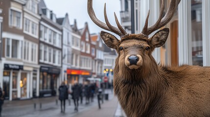 Fototapeta premium Deer in a city street. A taxidermied stag in the foreground, with a blurred cityscape behind, showing buildings and people