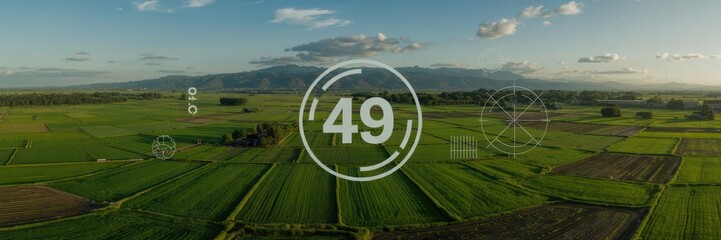 High angle view of agricultural fields with a number overlay.