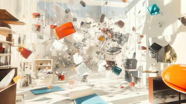 Abstract room; floating objects; shattered scene.