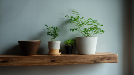 Fototapeta premium Minimalist Plant Care Setup on Wooden Shelf with Small Potted Plants