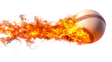 Burning baseball ball flying with flames isolated on white and transparent background, cut out png