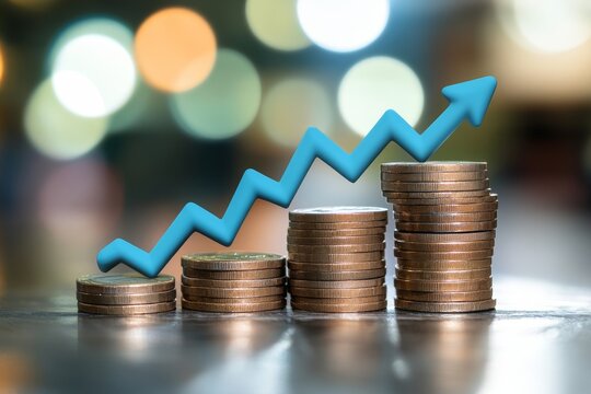 The idea of financial growth and investment in the business world is symbolized by a pile of coins and a chart showing economic progress, along with a report on the global money market and cash