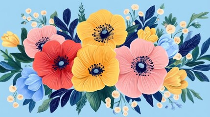 Vibrant floral arrangement with red, yellow, pink, and blue flowers on a light blue background.