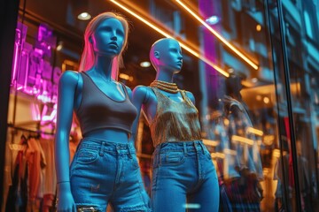 Obraz premium Stylish urban storefront display featuring mannequins in trendy outfits with neon lights