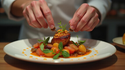 A stunning close-up artwork of a French master chef man's hands meticulously preparing a gourmet dish on a plate in a 5-star Michelin restaurant kitchen, full of detail.